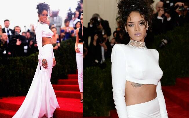 Além de vestidos longos e bufantes, o baile do MET também foi marcado por barriguinhas de fora, como a de Rihanna