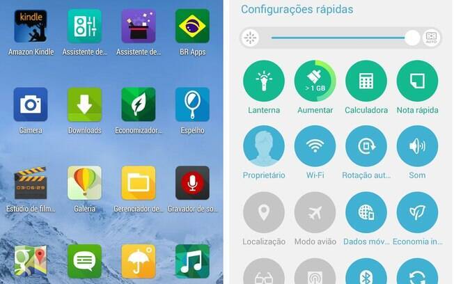 Telas de aplicativos e configurações do Zenfone com interface ZenUI