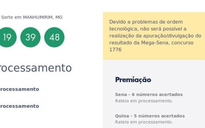 Site oficial informa sobre problema na divulgação do rateio da Mega-Sena