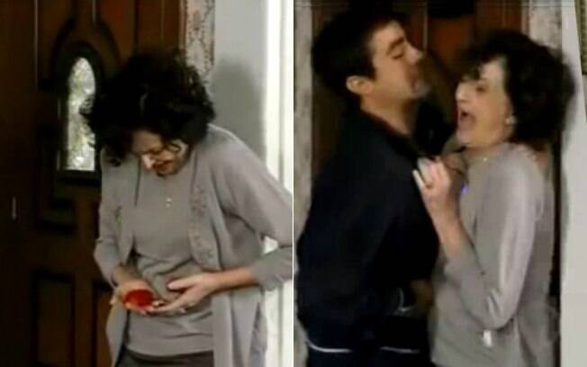 Em 'Insensato Coração', Tia Neném (Ana Lucia Torres) é esfaqueada por Henrique (Ricardo Pereira) do lado direito, mas sangra do lado esquerdo da barriga