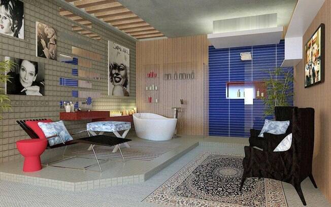 A sala de banho e o banheiro público estão integrados no espaço de Gerson Dutra de Sá. O tom azul das pastilhas e a presença do nicho em marcenaria se destacam