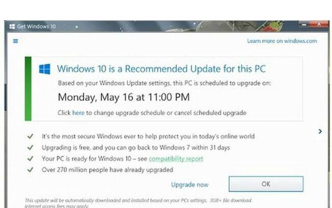 Quando o botão de fechar é clicado, o sistema entende que o usuário aceita a atualização