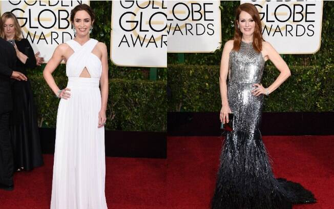 Emily Blunt e Julianne Moore no tapete vermelho do Globo de Ouro. Foto: AP