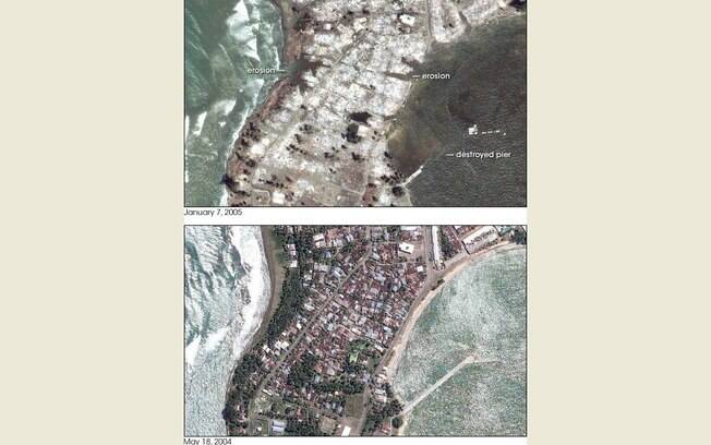 Imagens mostram o antes e o depois de regiões atingidas pelo tsunami da Indonésia (arquivo). Foto: Nasa