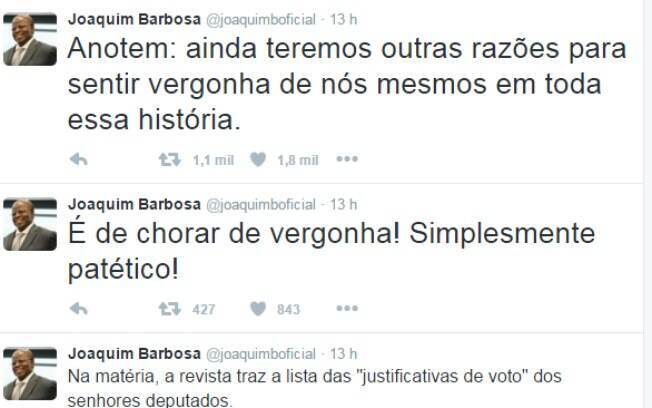 Comentário de Joaquim Barbosa, ex ministro do STF,  foi feito feito em perfil do Twitter