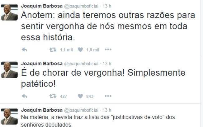 Coment&aacute;rio de Joaquim Barbosa, ex ministro do STF,  foi feito feito em perfil do Twitter