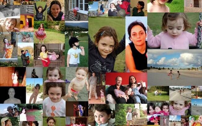 Um painel de fotos com a família de Silvia Carone: as filhas Helena, Ana e Laura