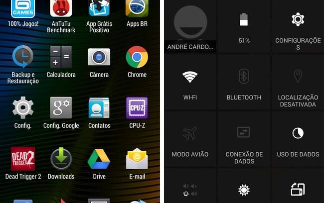 Telas de aplicativos e notificações do S480