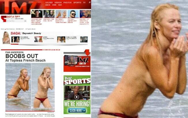 Pamela Anderson foi fotografada fazendo topless em uma praia da França