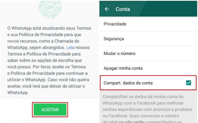 Tela apresentada pelo WhatsApp durante a transição dos termos de uso é outro problema apresentado por especialistas