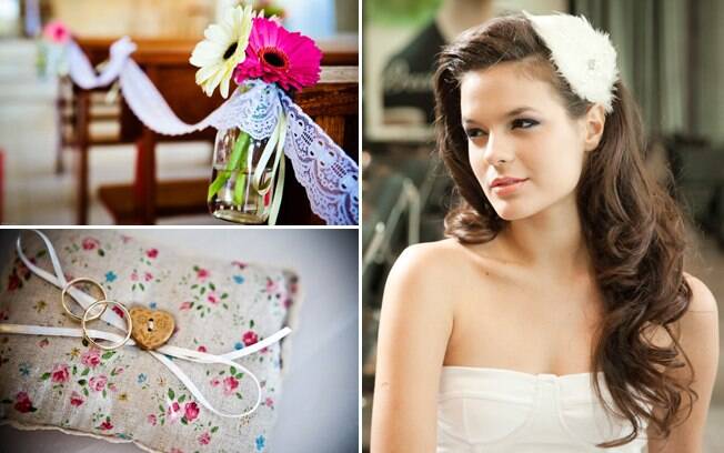 Cabelos soltos, decoração simples, almofada de alianças estampada: toques de um casamento informal