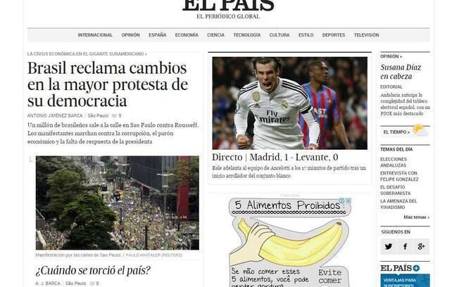 El País destacou os protestos no Brasil em sua edição digital deste domingo (15). Na matéria, o jornal espanhol chamava a manifestação de a maior da democracia. Foto: Reprodução