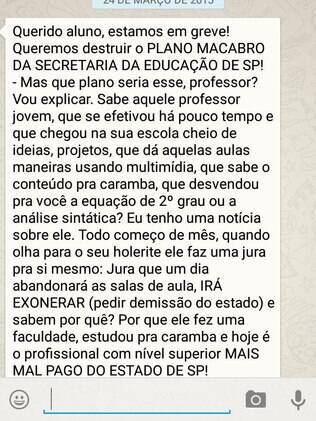 Professores em greve explicam situação para alunos e pedem apoio por whatsApp