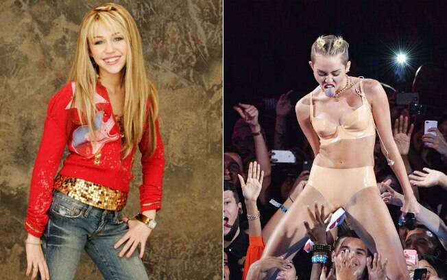 Antes e depois: Miley Cyrus como Hannah Montana e anos depois no palco do MTV Video Music Awards