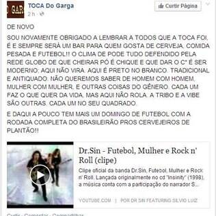 Mensagem postada na página do estabelecimento, antes de ser deletada da rede social Facebook