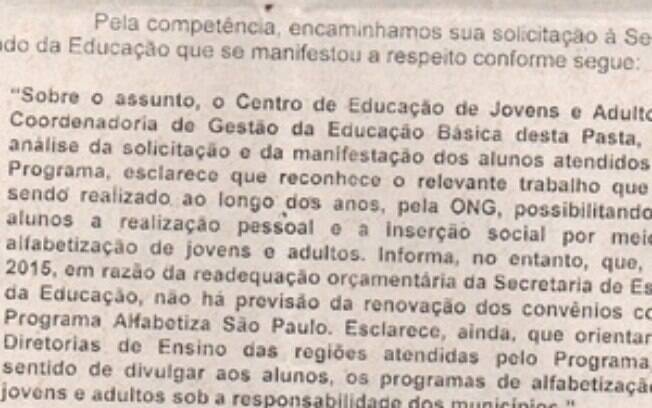 Carta enviado pelo governo de São Paulo às ONGs da Alfabetiza São Paulo