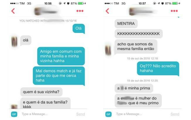 Murilo compartilhou um trecho de sua conversa com a prima no aplicativo de relacionamento