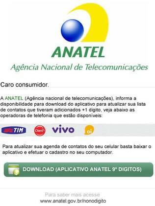 Anatel alerta para e-mail falso que promove aplicativo para nono dígito