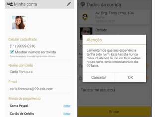 No Android, usuário do 99Taxis poderá ocultar o número. Do lado, uma reprodução da mensagem que o passageiro recebe após dar uma nota baixa para o serviço do taxista