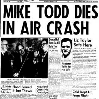 Manchete da época anuncia a morte de Mike Todd. "Liz Taylor está a salvo"