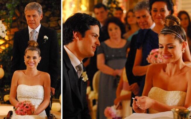 Marcos (José Mayer) leva a filha Luciana (Alinne Moraes) para o altar, ao encontro de Miguel (Mateus Solano) em
