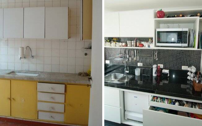 A bancada de granito vai de uma ponta a outra da cozinha e abriga fogão e máquina de lavar louças