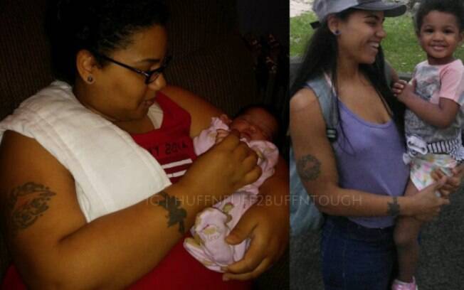 Antes e depois de Katie. Na primeira imagem, ela está com a filha ainda recém-nascida. Na segunda, ela e a pequena atualmente
