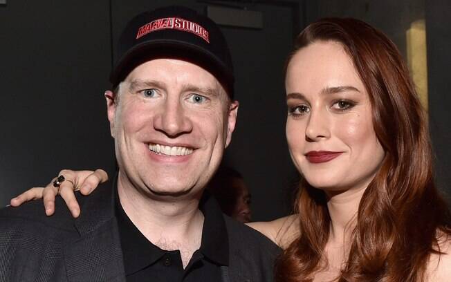 Kevin Feige e Brie Larson, intérprete de Capitã Marvel, cujo filme será lançado em 2019