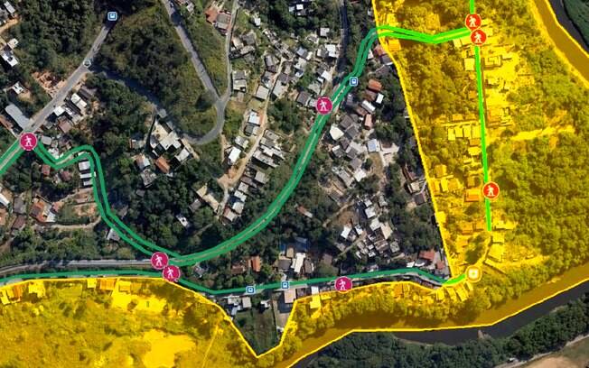 Área amarela representa regiões que poderiam ser atingidas por rompimento de barragem em Ouro Preto