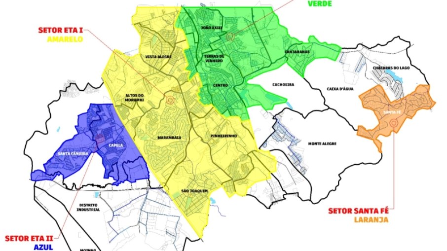 O mapa mostra as etapas do rodízio que vai garantir que todos os bairros recebam água de maneira equitativa e programada.