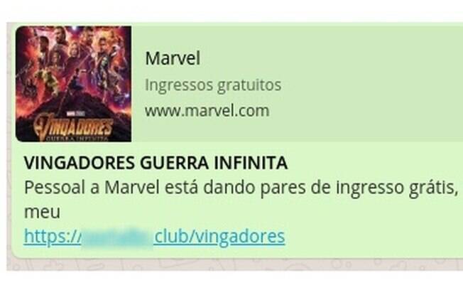 Mensagem compartilhada no WhatsApp supostamente leva ao site oficial da Marvel, mas ao clicar usuário é levado a site falso