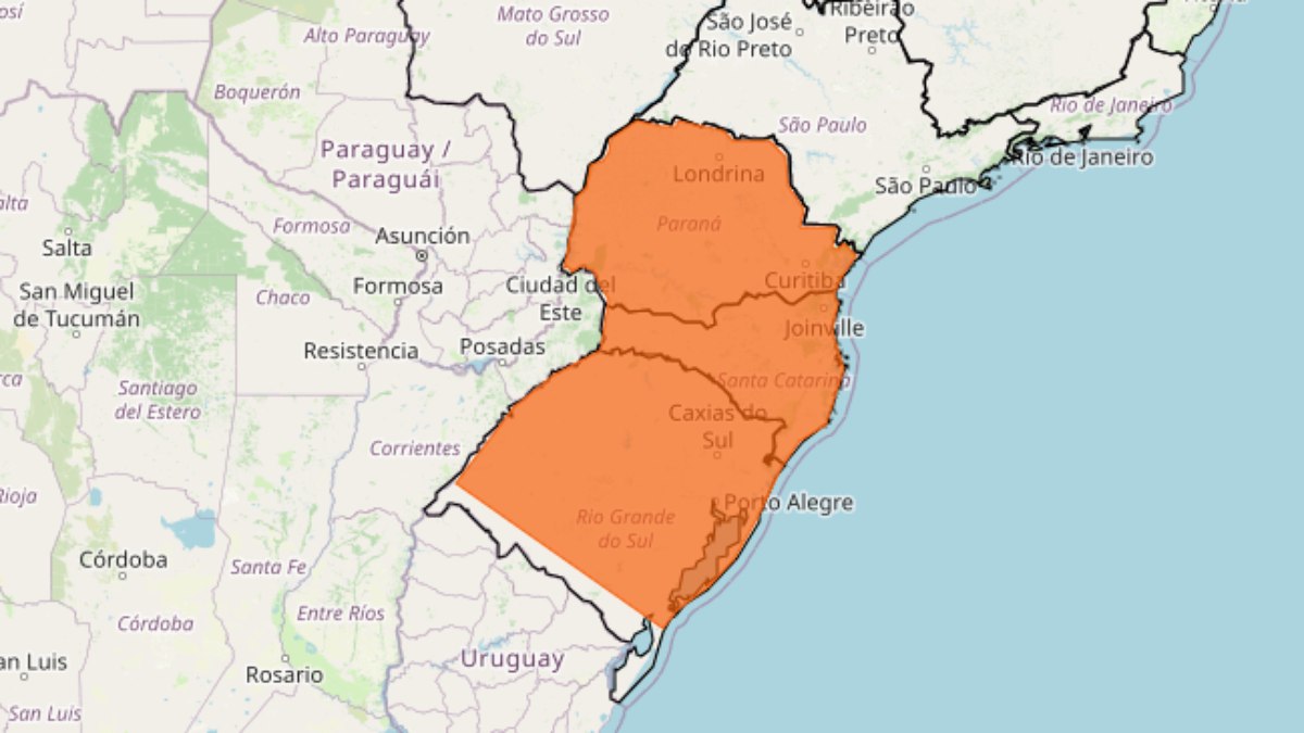 Região Sul aparece em alerta de 'perigo' para tempestades entre essa terça (3) e quarta (4)