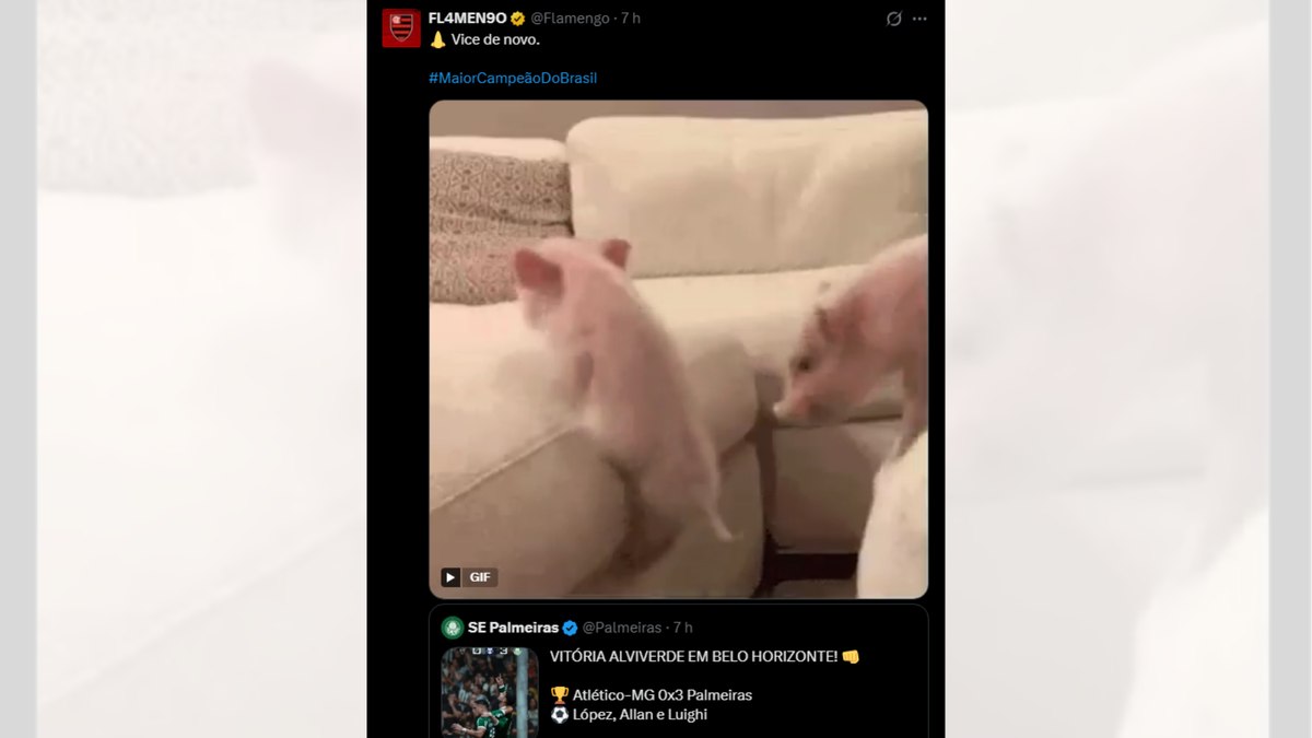 'Vice de novo', ironizou o Flamengo em resposta a uma publicação do Palmeiras 'Vice de novo', ironizou o Flamengo em resposta a uma publicação do Palmeiras