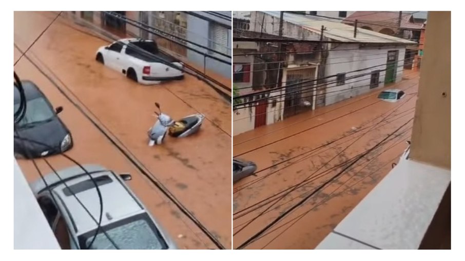 Em uma das imagens, cedidas pela Defesa Civil do estado, dá para ver pelo menos seis veículos quase que completamente cobertos pela enchente.
