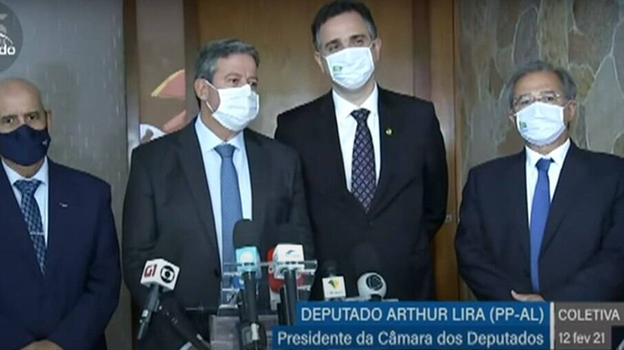 Presidente da Câmara, Arthur Lira (Progressistas-AL), do Senado, Rodrigo Pacheco (DEM-MG) e o ministro da economia, Paulo Guedes 