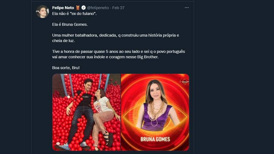 Tweet onde Felipe Neto deseja sorte a ex-namorada