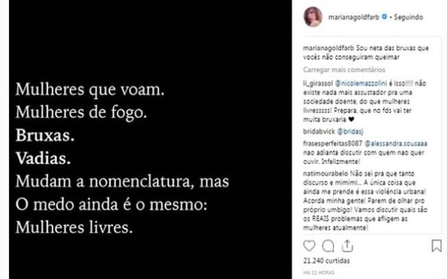 Publicação de Mariana Goldfarb é motivo de críticas no Instagram