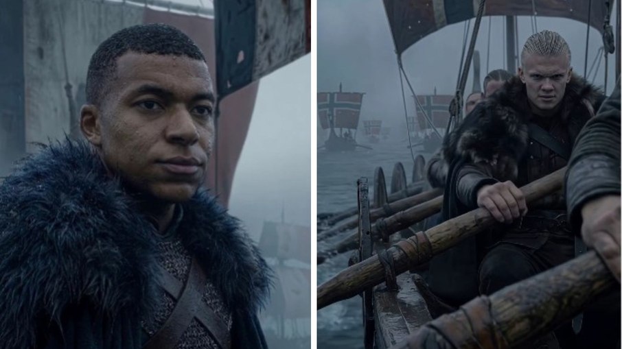 Mbappé e Haaland representados em batalha Viking