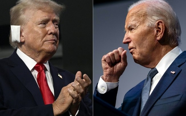 Montagem feita em 18 de julho de 2024. Donald Trump em Milwaukee em 15 de julho de 2024 e Joe Biden em Las Vegas em 16 de julho de 2024