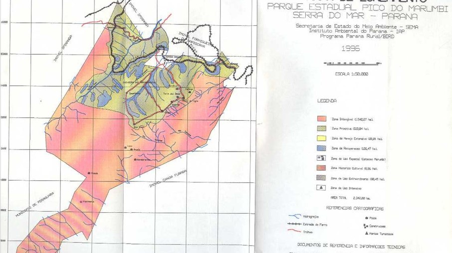 Mapa do zoneamento do PEM, aonde observa-se que uma grande parte do Parque é área intangível. Incluindo cumes importantes. 