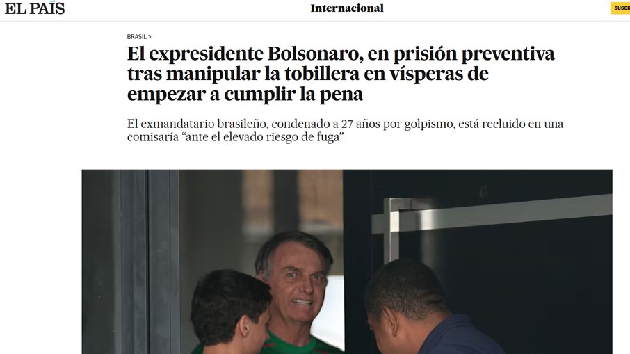 O jornal espanhol El País repercutiu a tentativa de rompimento da tornozeleira eletrônica de Bolsonaro. 