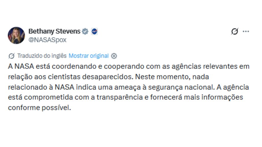 Secretária de imprensa da Nasa, Bethany Stevens, disse que a agência colabora com as autoridades que investigam as mortes e os desaparecimentos dos cientistas 