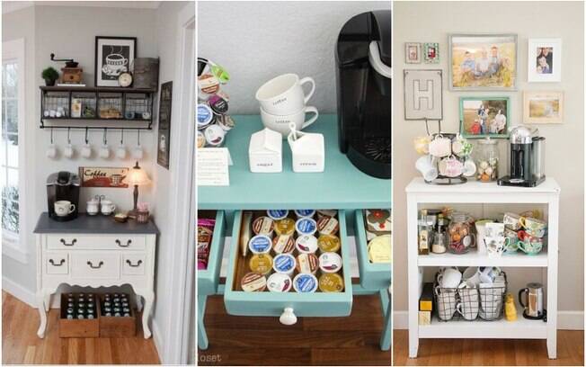 Aparadores, gabinetes e outros móveis simples também podem se transformar em um cantinho do café