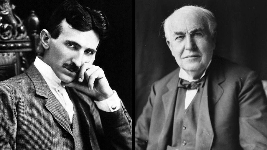 Nikola Tesla (à esquerda) e Thomas Edison (à direita)