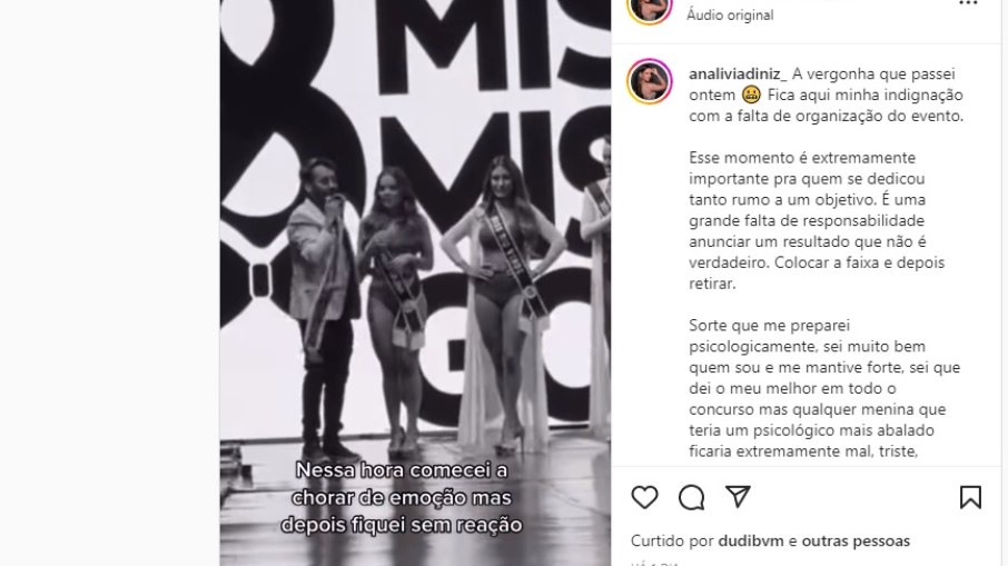 Vídeo na conta do Instagram mostra apresentador retirando a faixa de Ana Lívia, de 23 anos.                            
