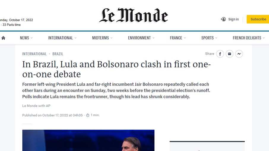 Le Monde comenta sobre debate entre Lula e Bolsonaro