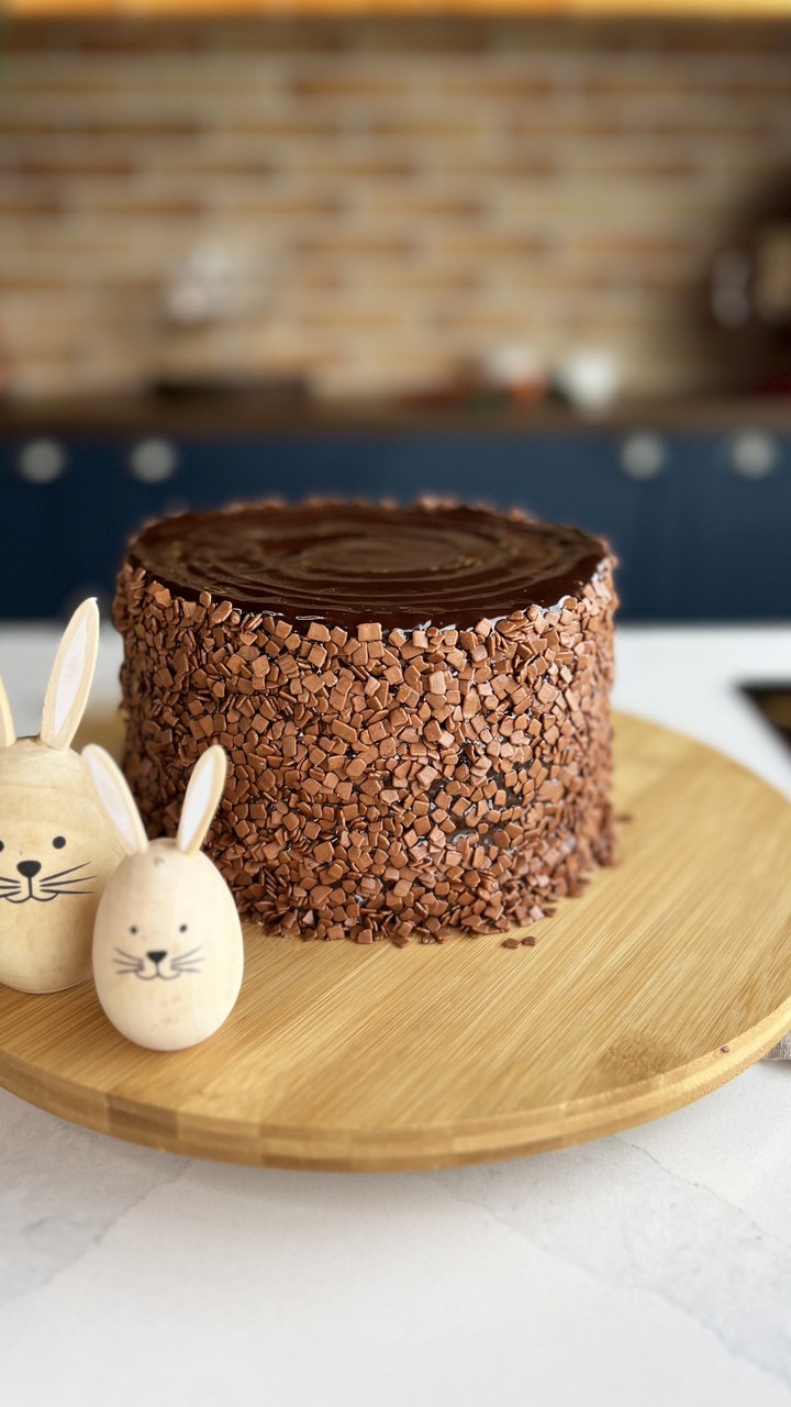 Bolo de chocolate com café na massa e ganache de caramelo