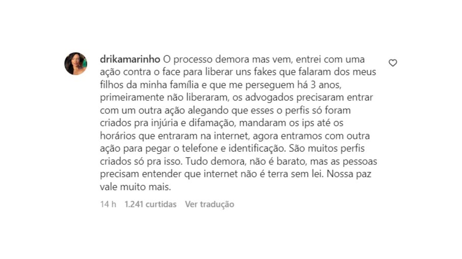 Drika Marinho expõe processo contra haters