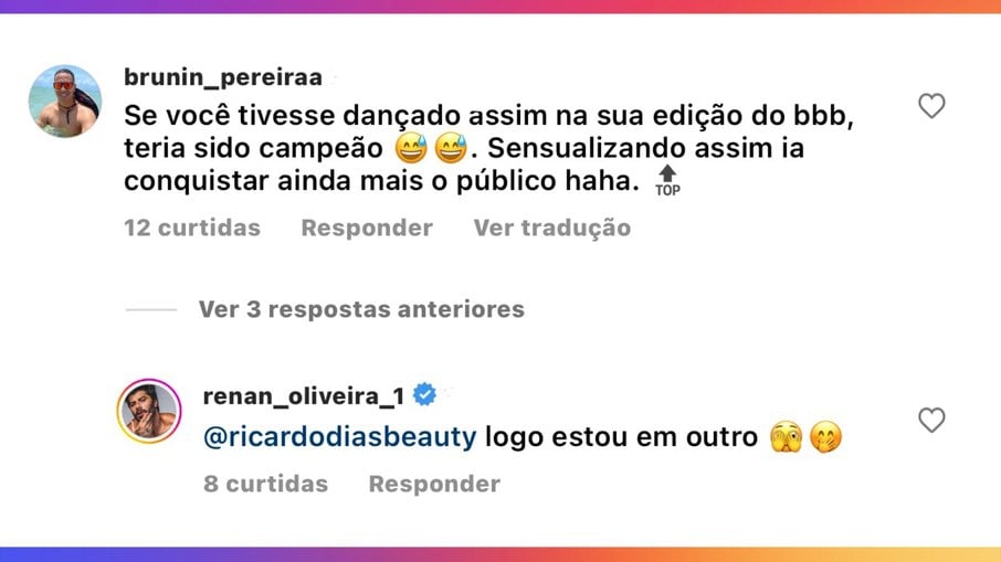 Print da resposta de Renan Oliveira em uma publicação do Instagram