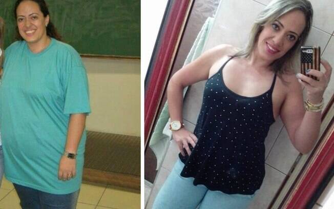 Monika Tubarão, de 42 anos,  conseguiu perder peso: à esquerda, aos 140kg, e, à direita, com 77kg; veja sua história